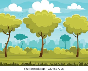 Empty summer city park. Path leading through a green meadow. Vector graphics