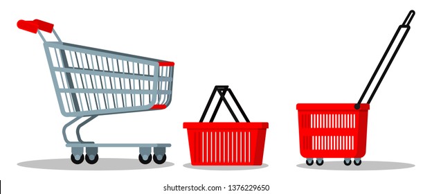 Empty supermarket chrome metal trolley cart with wheels, red plasyic shopping basket icon set for goods isolated on white background. Vector cartoon flat style illustration, element of graghic design.