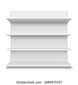 Empty supermarket shelf. Retail store white blank shelves for merchandise, mall display mock-up. Isolated shelving stand vector illustration