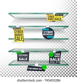 Leere Supermarktregale, Cyber Monday Sale Wobblers Vector. Preisschilder. Big Sale Banner im November. Cyber Monday Selling Card. Discount-Aufkleber. Verkaufsbanner. Einzelbild