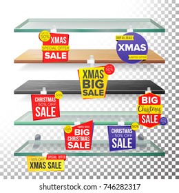 Empty Supermarket Shelves, Holidays Christmas Sale Wobblers Vector. Price Tag Labels. December Big Sale Banner. Holidays Xmas Selling Card. Discount Sticker. Sale Banners. Isolated Illustration
