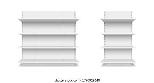 Empty supermarket shelves isolated on white background. 3d render
