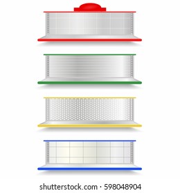 Empty supermarket shelves set. Realistic vector showcase with red, green, yellow and blue backlights