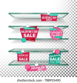 Empty Supermarket Shelves, Valentine's Day Sale Wobblers Vector. Price Tag Labels. Big Sale Banner. February 14 Selling Card. Discount Sticker. Love Sale Banners. Isolated Illustration