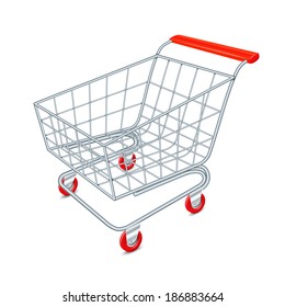 Empty supermarket shopping cart 3d isolated on white background vector illustration