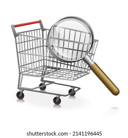 Empty supermarket shopping cart isolated on a white background with a magnifying glass magnifying part of the shopping cart