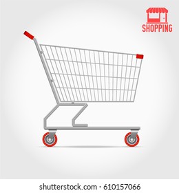 Empty Supermarket Shopping Cart, Side View.  Editable Hi-Detailed Vector Illustration Isolated on White. Big Discount Concept. Red Shopping Logo as a Bonus.