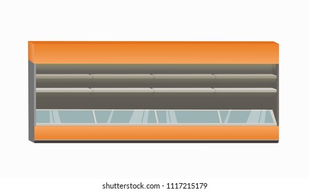 Empty supermarket showcase display with floor refrigator and illumination. Front view. Isolated vector object for your design