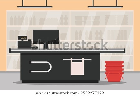 Empty supermarket store interior with shelves. Checkout counter. Interior store inside. Vector stock