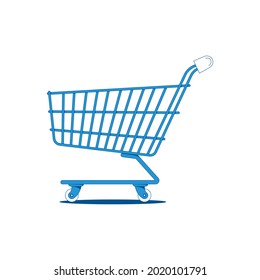 Empty supermarket trolley in blue color flat vector illustration