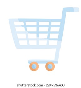 empty supermarket trolley in blue color, isolated object on white background, vector illustration, eps