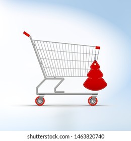 Empty Supermarket Trolley Cart. Christmas Sale Red Tag. Vector Illustration.