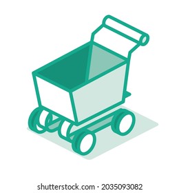 Empty Supermarket Trolley. Shopping Cart. Outline Isometric Concept. Vector Illustration. Icon Isolated on White Background.