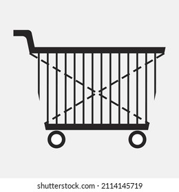 Empty supermarket trolley with vertical lattice elements. Black plain shopping cart. Side view. Outline icon. Linear style. Fast delivery template. Minimalistic flat design for web and mobile app.