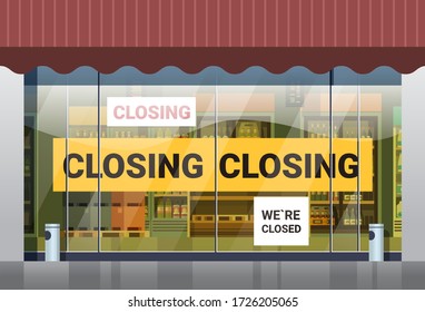 Empty Supermarket With Yellow Closing Tape Coronavirus Pandemic Quarantine Covid-19 Concept No People Grocery Shop Market Exterior Horizontal Vector Illustration