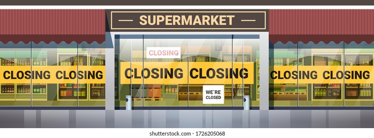 Empty Supermarket With Yellow Closing Tape Coronavirus Pandemic Quarantine Covid-19 Concept No People Grocery Shop Market Exterior Horizontal Vector Illustration