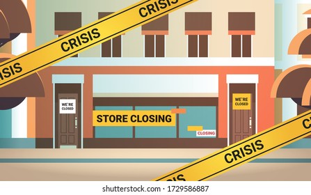 Empty Supermarket With Yellow Closing Tape Coronavirus Pandemic Quarantine Covid-19 Concept No People Grocery Shop Market Exterior Horizontal Vector Illustration