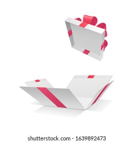 The empty surprising gift box with ribbons is isolated on a white background. The vector illustration for many different holidays and events. EPS10 Vector.