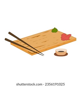 Empty sushi tray with chopsticks, soy sauce, wasabi and ginger. Wooden tray for roll. Vector illustration for cover, menu, postcards, corporate merchandise, banner, website and social media post
