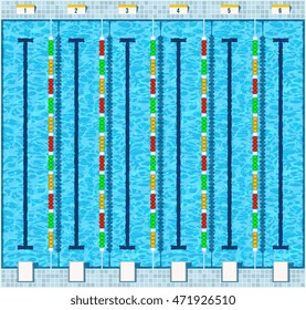 Empty swimming pool aquatic top view flat vector illustration in fitness center