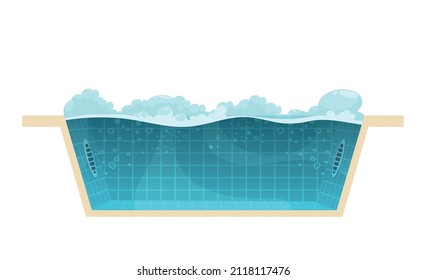 Empty swimming pool with bubbles side view cartoon vector illustration