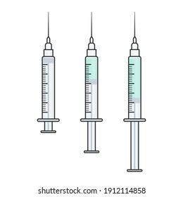 Empty syringe, half full syringe and full syringe. For vaccination, injection, medical use. Vector illustration, flat design