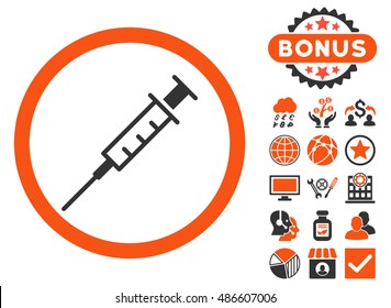 Empty Syringe icon with bonus images. Vector illustration style is flat iconic bicolor symbols, orange and gray colors, white background.