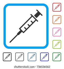 Empty Syringe icon. Flat grey iconic symbol inside a light blue rounded frame. Black, gray, green, blue, red, orange color additional versions of Empty Syringe vector.