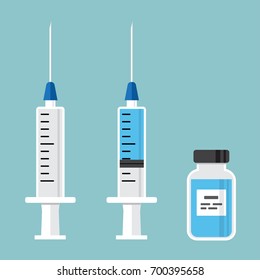 Empty syringe for injection, syringe with blue vaccine, vial of medicine. Vector illustration