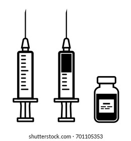 Empty syringe for injection, syringe with vaccine, vial of medicine. Black and white flat design. Vector illustration