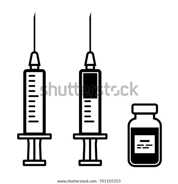 注射用の空の注射器 ワクチン入りの注射器 薬瓶 白黒のフラットデザイン ベクターイラスト のベクター画像素材 ロイヤリティフリー