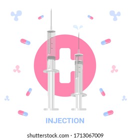 Empty syringe for injection. Vector illustration of two medical syringes. Flat design of syringe.Vaccination, injection,vector, esp, 
tablets.