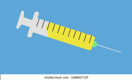 Empty syringe for injection and syringe with yellow vaccine on white background. Vector illustration.