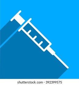 Empty Syringe long shadow vector icon. Style is a flat empty syringe iconic symbol on a blue square background.