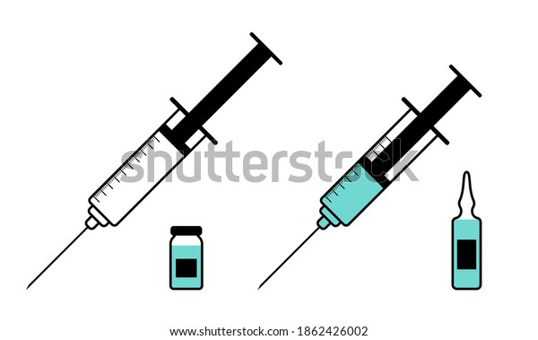 ワクチンと血清を含む空のシリンジ 医療のコンセプト アンプルとボトル フラットアイコンシンボル ベクターイラスト のベクター画像素材 ロイヤリティフリー