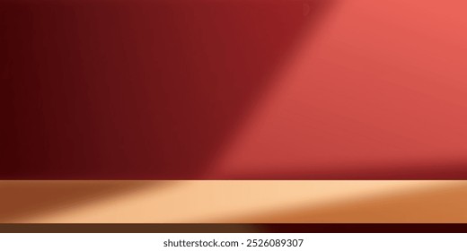 Empty table display on dark red wall. Background with window light and shadow. Mockup for presentation, branding products, cosmetics, food, technology or jewelry. Premium background