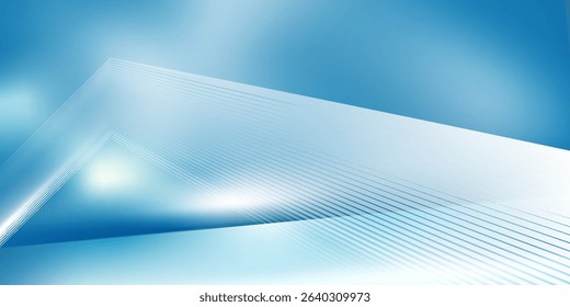  Empty table on smooth blue wall background. Composition with abstract light reflections and shadows. Mock up with blurry spotlight for winter presentation, branding products, cosmetics and food.