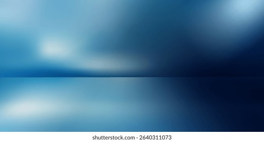  Empty table on smooth blue wall background. Composition with abstract light reflections and shadows. Mock up with blurry spotlight for winter presentation, branding products, cosmetics and food.