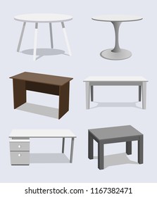 Empty Table Set Vector. Wooden, Plastic, White, Black. Isolated Furniture, Platform. Template For Object Presentation. Realistic Vector Illustration.