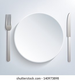 Empty table setting, plate knife and fork, eps10 vector