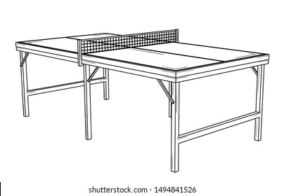 Empty table for table tennis or ping pong ready to match. Sports equipment. Black outline illustration on white background. Sketch.