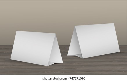 Empty Table Tent. Paper Cards On A Wooden Background With Reflections. Vector Illustration.