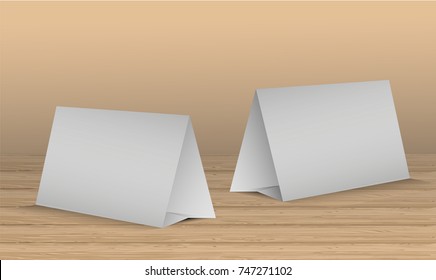 Empty table tent. Paper cards on a wooden background with reflections. Vector illustration.