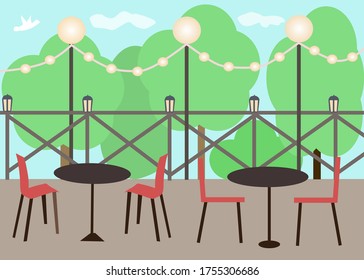 Mesas vacías en la terraza de verano de la cafetería, gráficos vectoriales