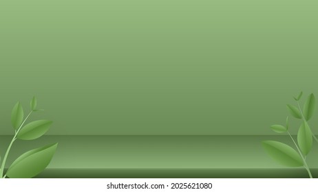 Mesa vacía con hojas de té verdes sobre fondo verde. Plataforma de podio para mostrar el producto con enfoque en la parte superior de la mesa en primer plano