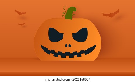Empty tabletop with pumpkin on orange background. Podium platform to show product with focus to the table top in the foreground. Happy halloween