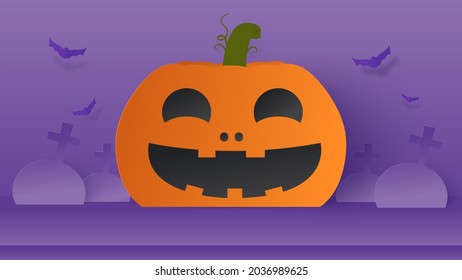 Empty tabletop with pumpkin on purple background. Podium platform to show product with focus to the table top in the foreground. Halloween sale promotion. Paper cut and craft style illustration