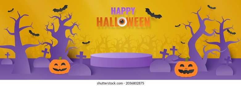 Empty tabletop with pumpkin on yellow background. Podium platform to show product with focus to the table top in the foreground. Halloween sale promotion. Paper cut and craft style illustration