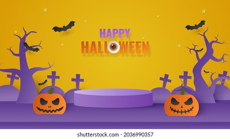 Empty tabletop with pumpkin on yellow background. Podium platform to show product with focus to the table top in the foreground. Halloween sale promotion. Paper cut and craft style illustration