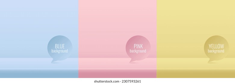 Empty tabletop or shelf for product display presentation with blue, yellow and pink background. Shelves to show product suitable for advertising